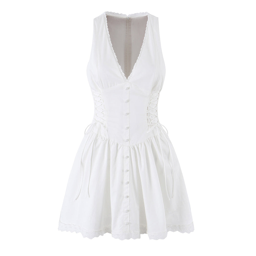 French Fresh Gentle First Love Slim White Dress Gold Lace V neck Patchwork Waist Dress