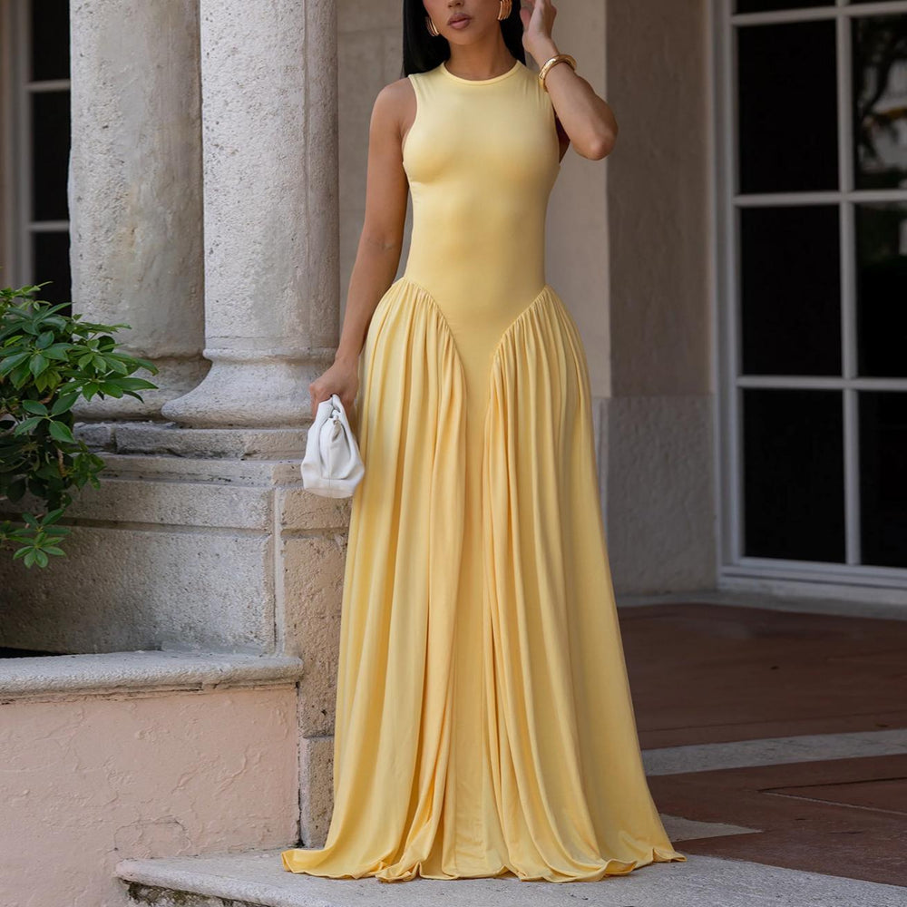 Women Wear Elegant Solid Color round Neck Sleeveless Dress