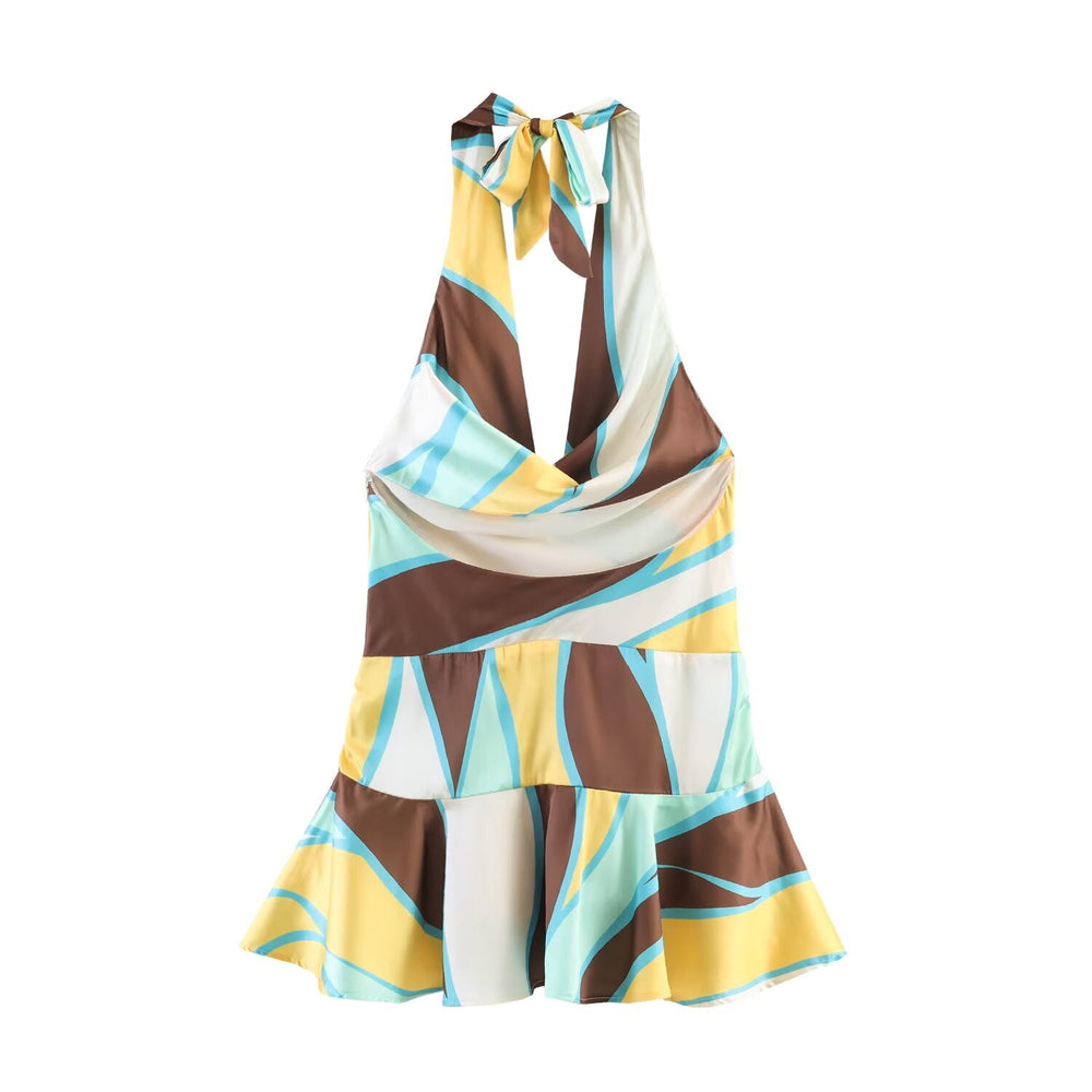 Women Clothing Slim Print Pleated Hanging Collar Dress