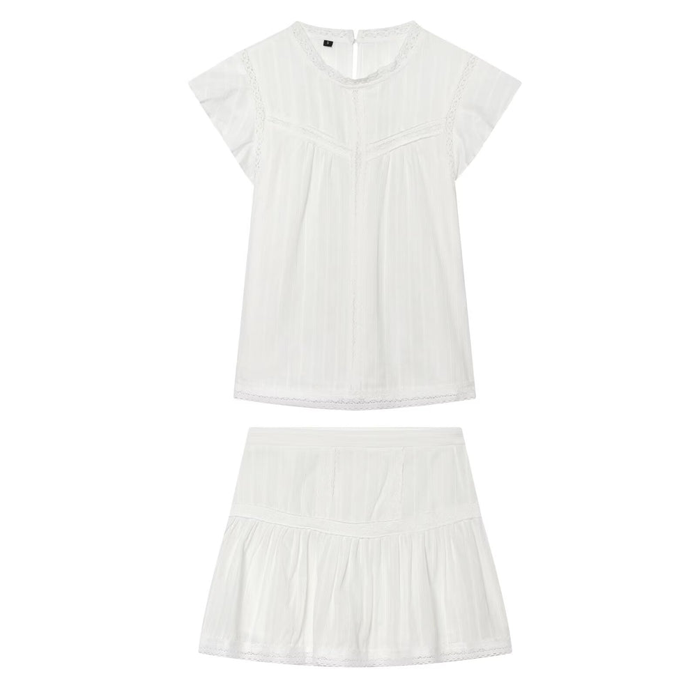Women Clothing Sexy Romantic Vertical Lace Sleeveless Shirt Lace Skirt Two Piece Set