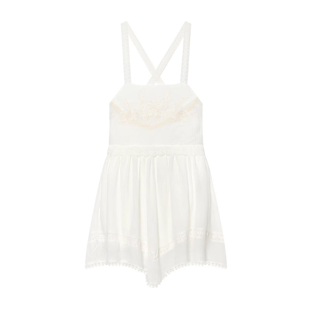 Women Clothing Summer Elegant Tulle Embroidered Mini Strap Dress
