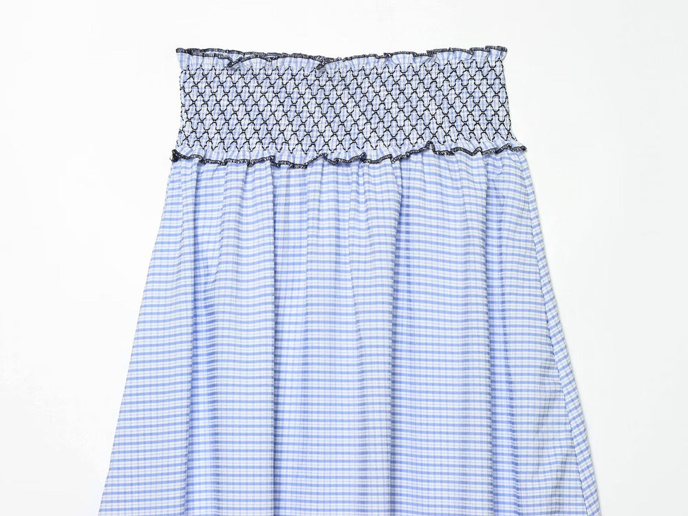Women Clothing Summer Fashionable Lace Embroidered Plaid Midi Skirt