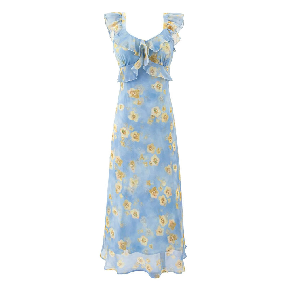 Women Clothing Summer High Waist Ruffled Dress Printed Sexy Vacation