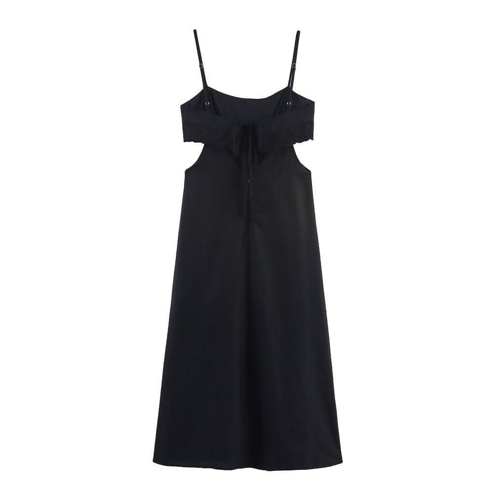 Elegant Black Slim Fit Slimming Lace Stitching Side Waist Split Sling Dress