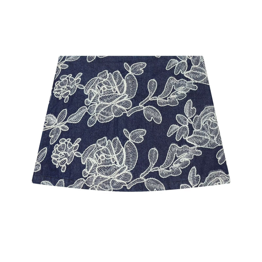 Women Clothing Summer Retro Rose Embroidered High Waist Slimming Skirt