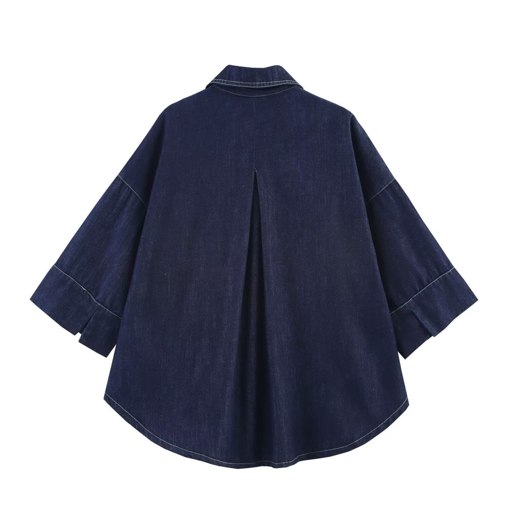 Summer Casual Women Collared Wide Sleeve Loose Denim Shirt Top High Waist Wide Leg Set