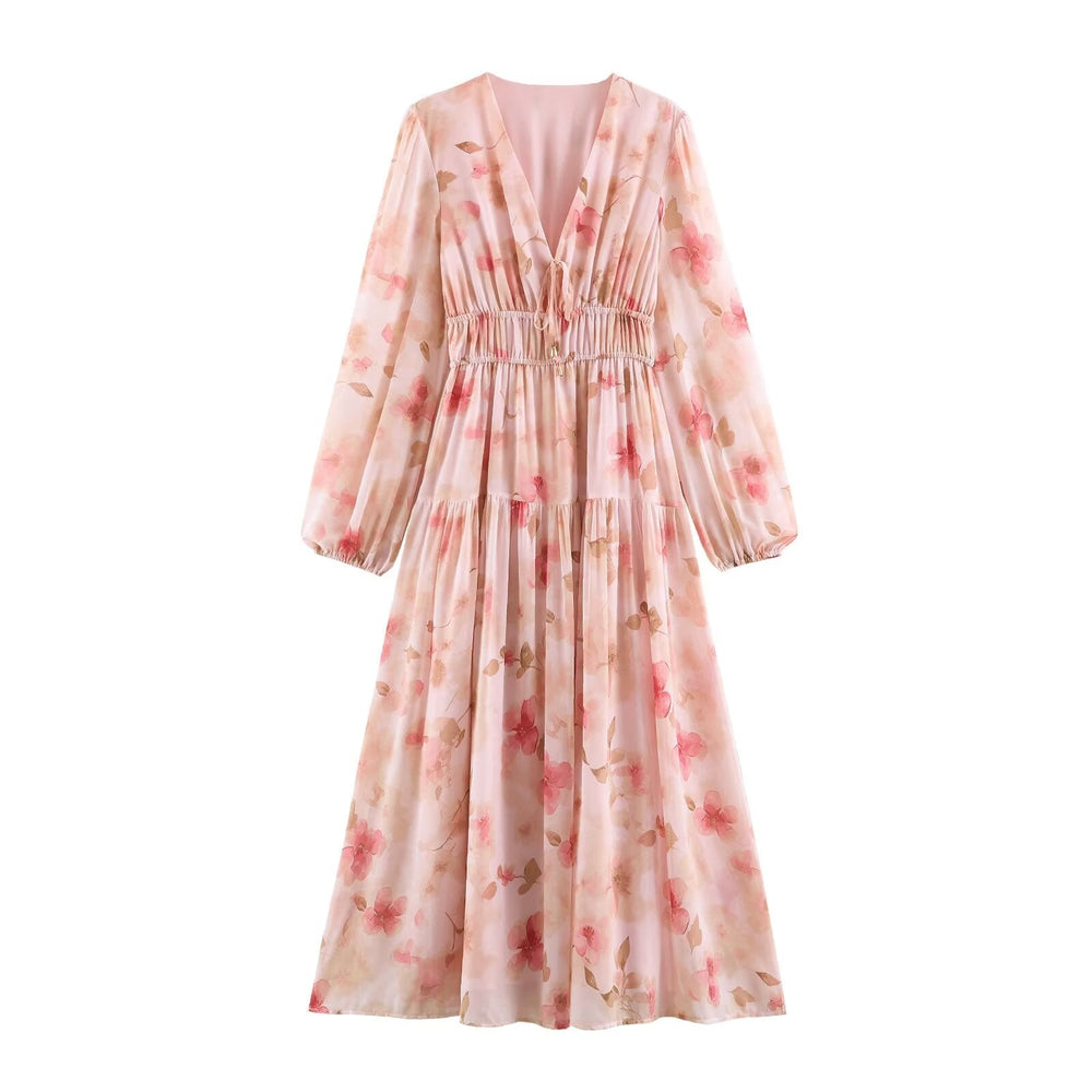 Summer Simple Thin Five Color Printed Chiffon Jumpsuit Long Sleeve Dress