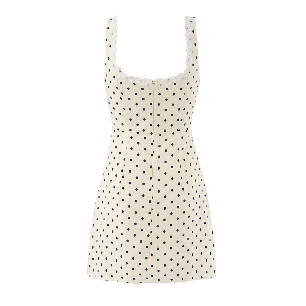 Polka Dot Camisole Women Summer Retro Elegant Lace Stitching Tied Cinched Sleeveless Dress