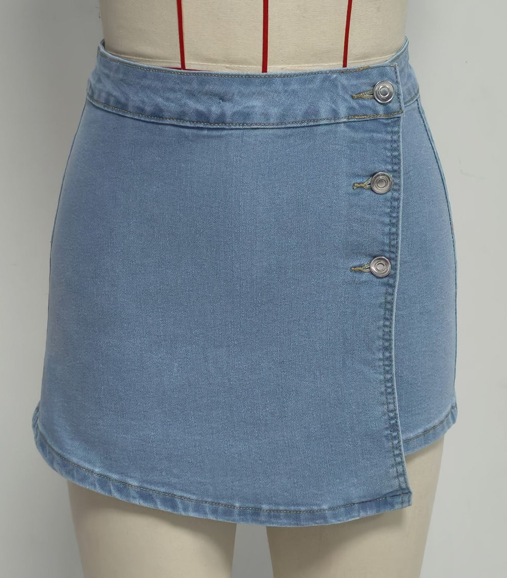 Retro Washed Denim Culotte Front Slit Button Design Anti Exposure Pantskirt Women