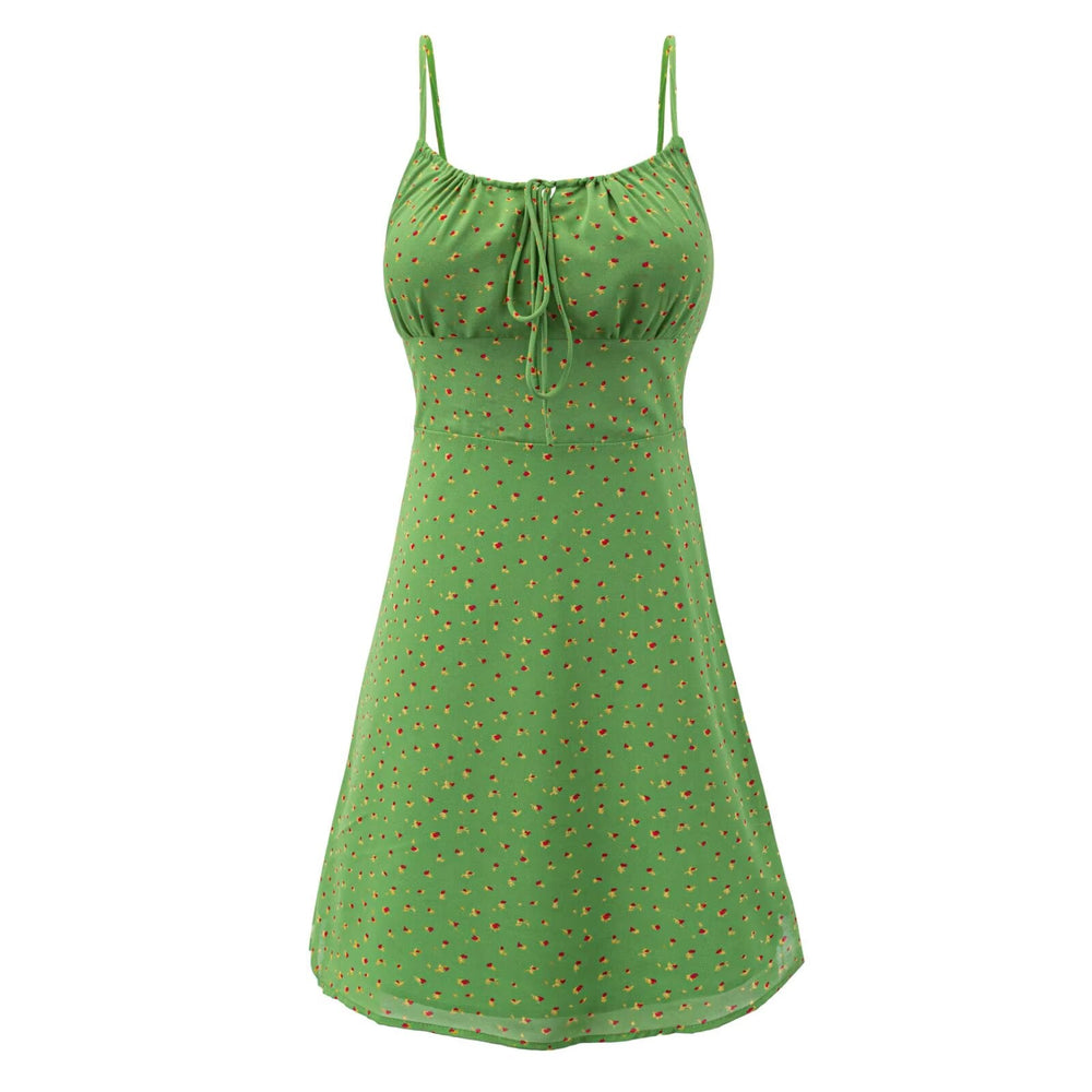 Women Summer High End Floral Strap Waist Controlled Lace Up A Line Dress