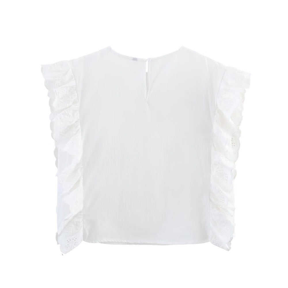 Women Clothing Summer French Ruffled Embroidered Sleeveless Top