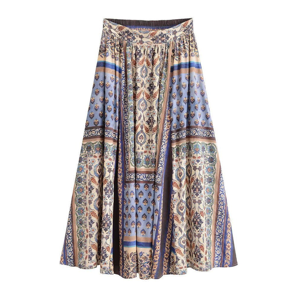 Women Clothing Summer Rayon Positioning Printing Elastic Waist Bohemian Big Hem Skirt