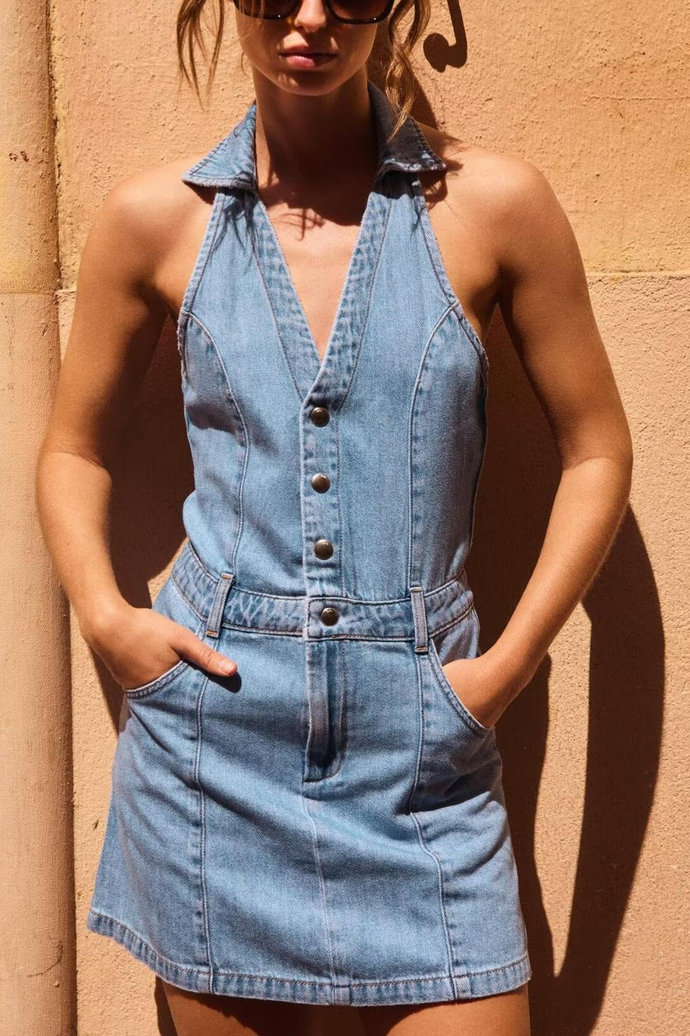 French Women Clothing Fashionable All Match Flip Halter Mini Dress