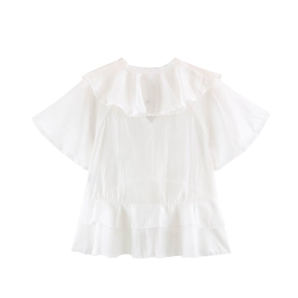 Women Clothing Summer Lace V neck Patchwork Ruffled French White Shirt