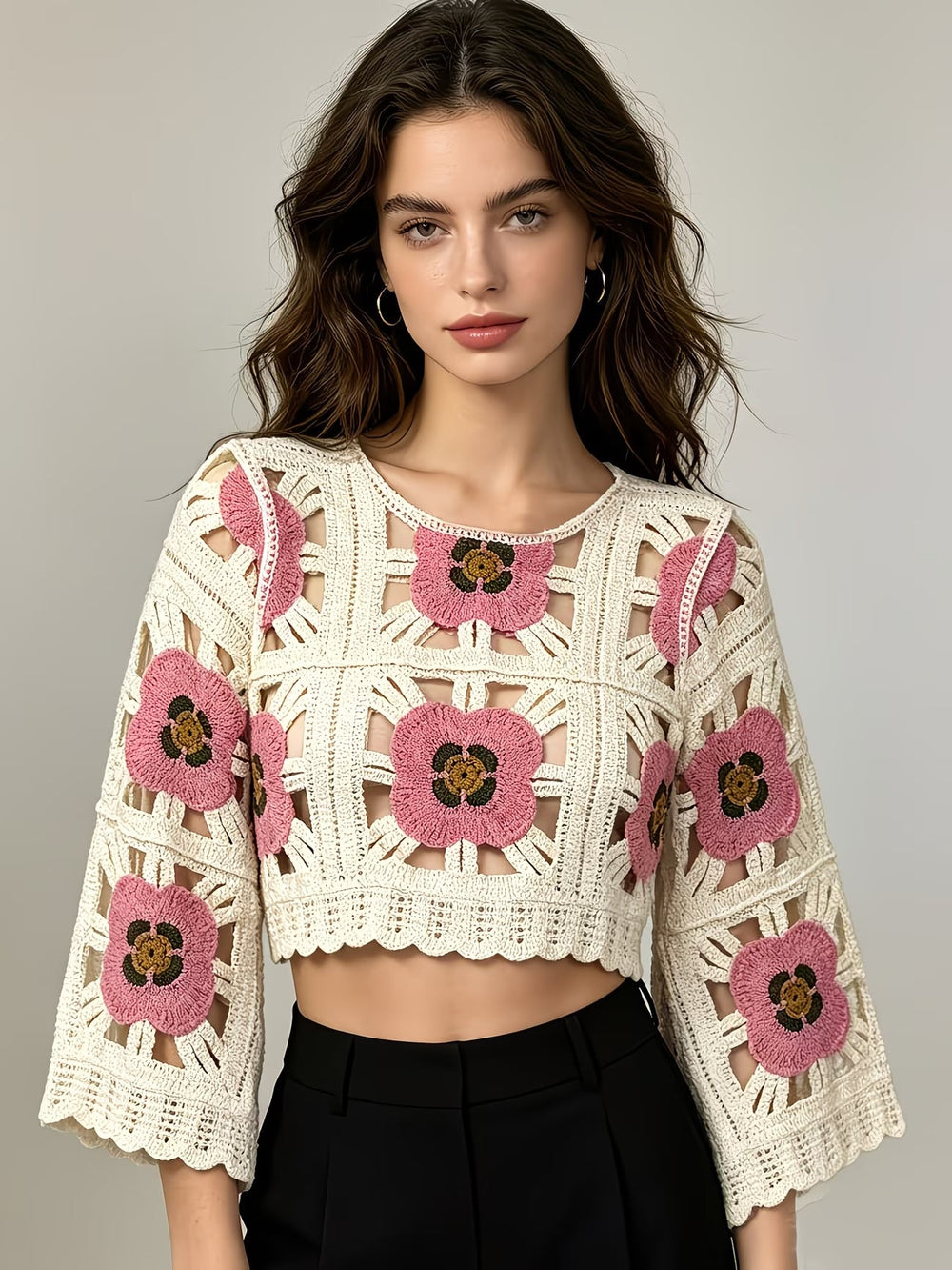 Women Summer Openwork Crochet Floral Color Block Short Knit Cardigan Top