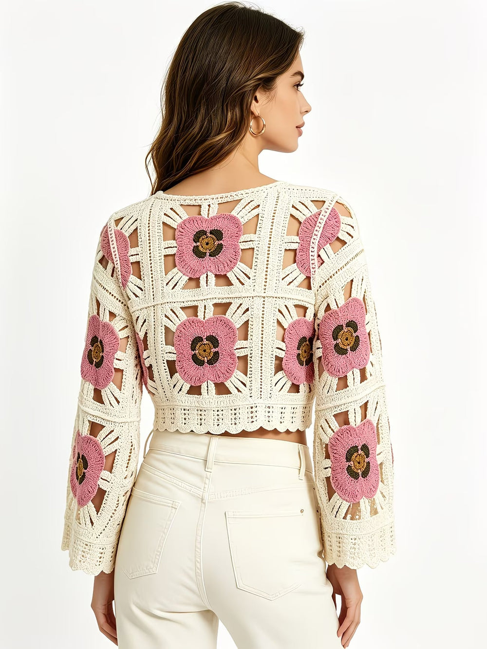 Women Summer Openwork Crochet Floral Color Block Short Knit Cardigan Top