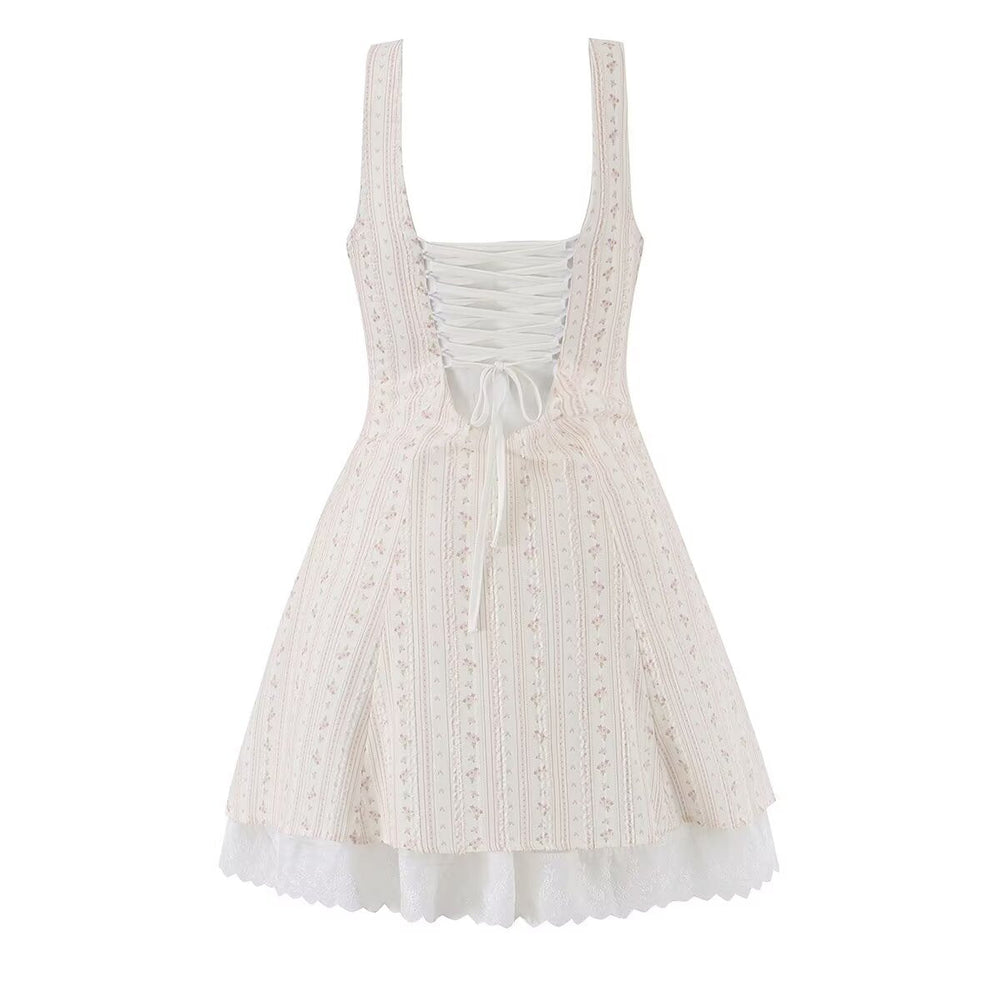 Women Clothing Summer Sweet Spaghetti Strap Waist Lace Stitching Floral Dress