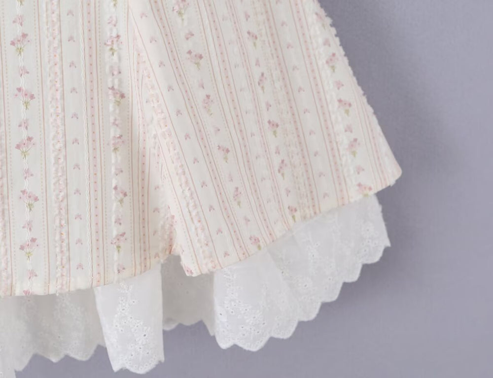 Women Clothing Summer Sweet Spaghetti Strap Waist Lace Stitching Floral Dress