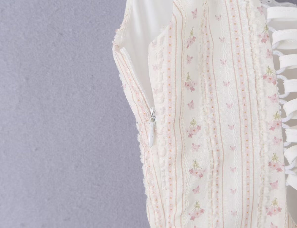 Women Clothing Summer Sweet Spaghetti Strap Waist Lace Stitching Floral Dress