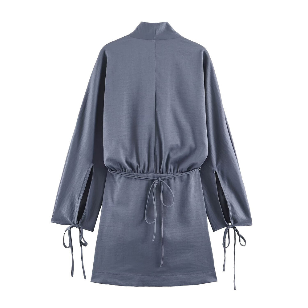 Women Clothing Summer Waist Belt Double Breasted Short Long Sleeve Dress