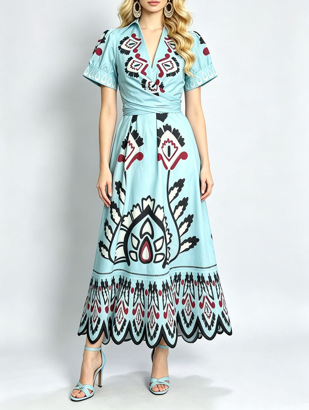 Women Summer Printed V Neck Short Sleeved Fitted High Waisted A Line Dress
