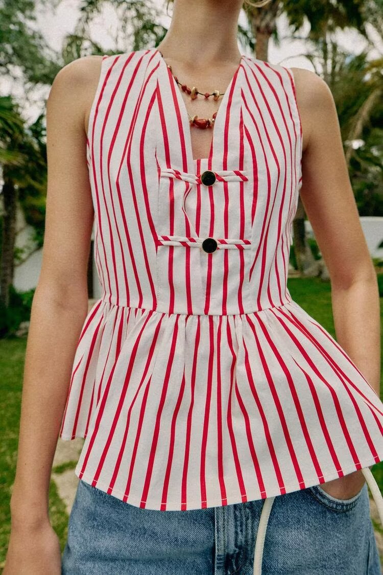Women Clothing Summer Sleeveless V neck Dress Hem Striped Pullover Top