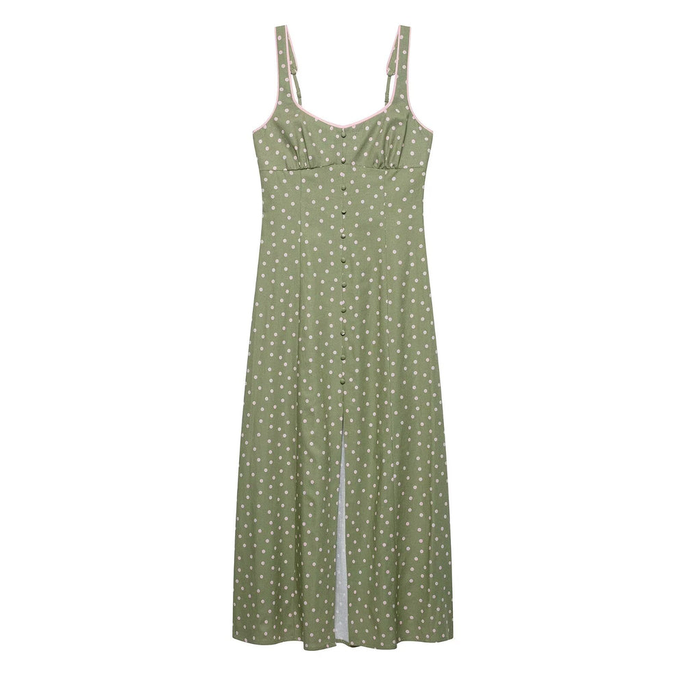 Women Clothing Summer Polka Dot Linen Blended Midi Dress Strap Dress