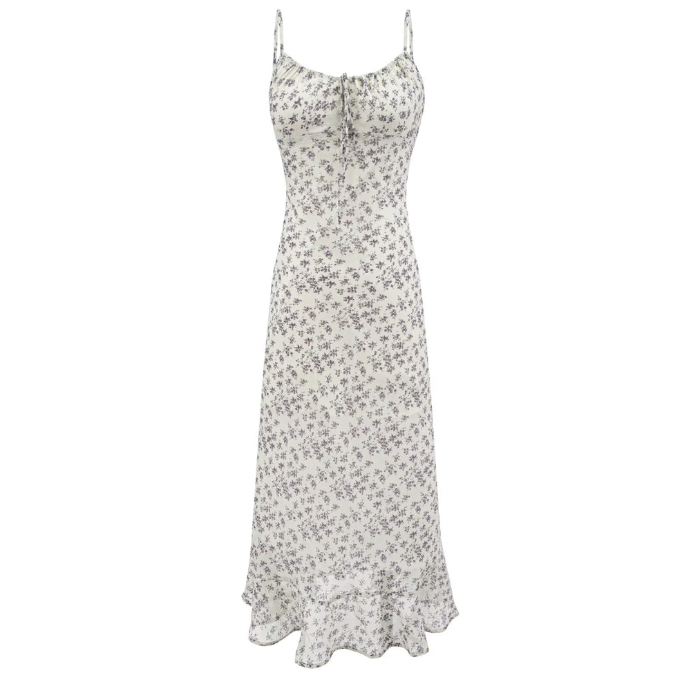Summer Retro Vacation Printed Maxi Dress Ruffled Design Slim Strap Dress