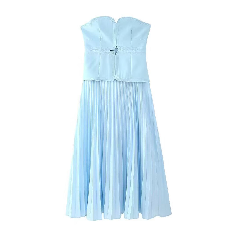 Women Clothing Summer Retro Sexy Slim Color Pleated Tube Top Dress