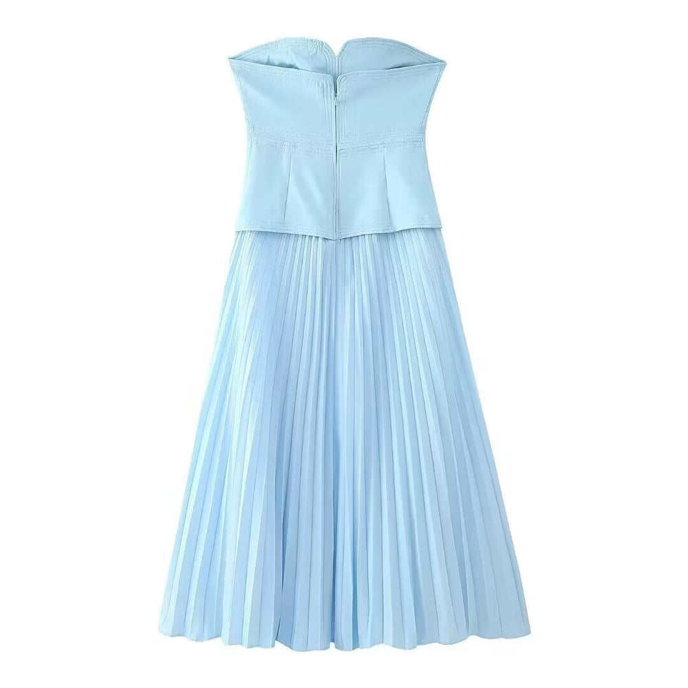 Women Clothing Summer Retro Sexy Slim Color Pleated Tube Top Dress