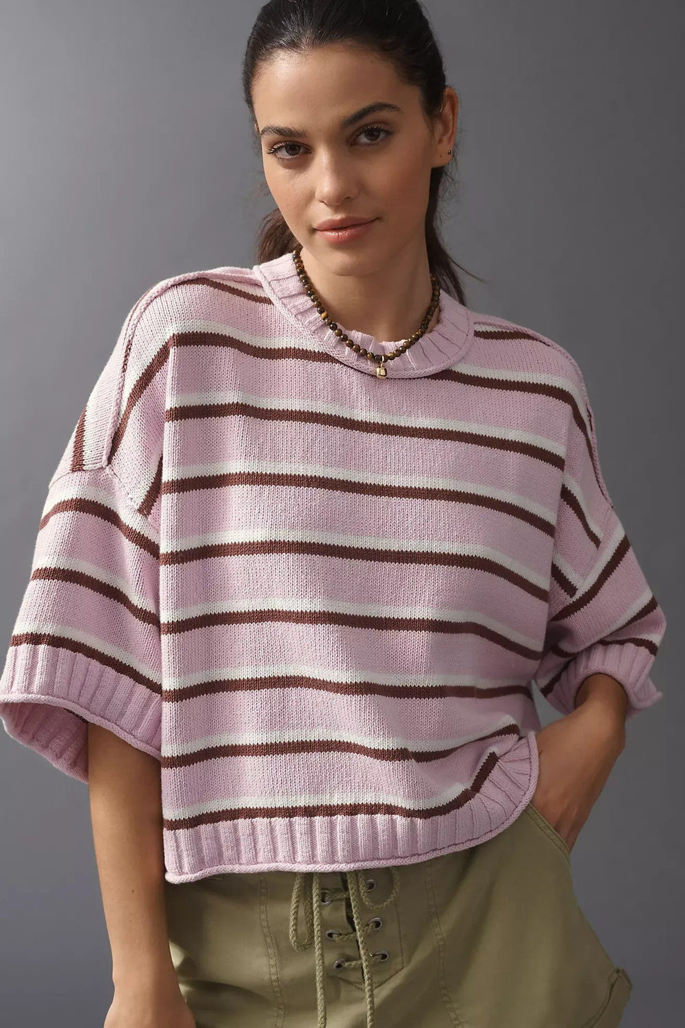 Autumn Winter Women Clothing Short Sleeve round Neck Striped Knitted round Neck Sweater Women