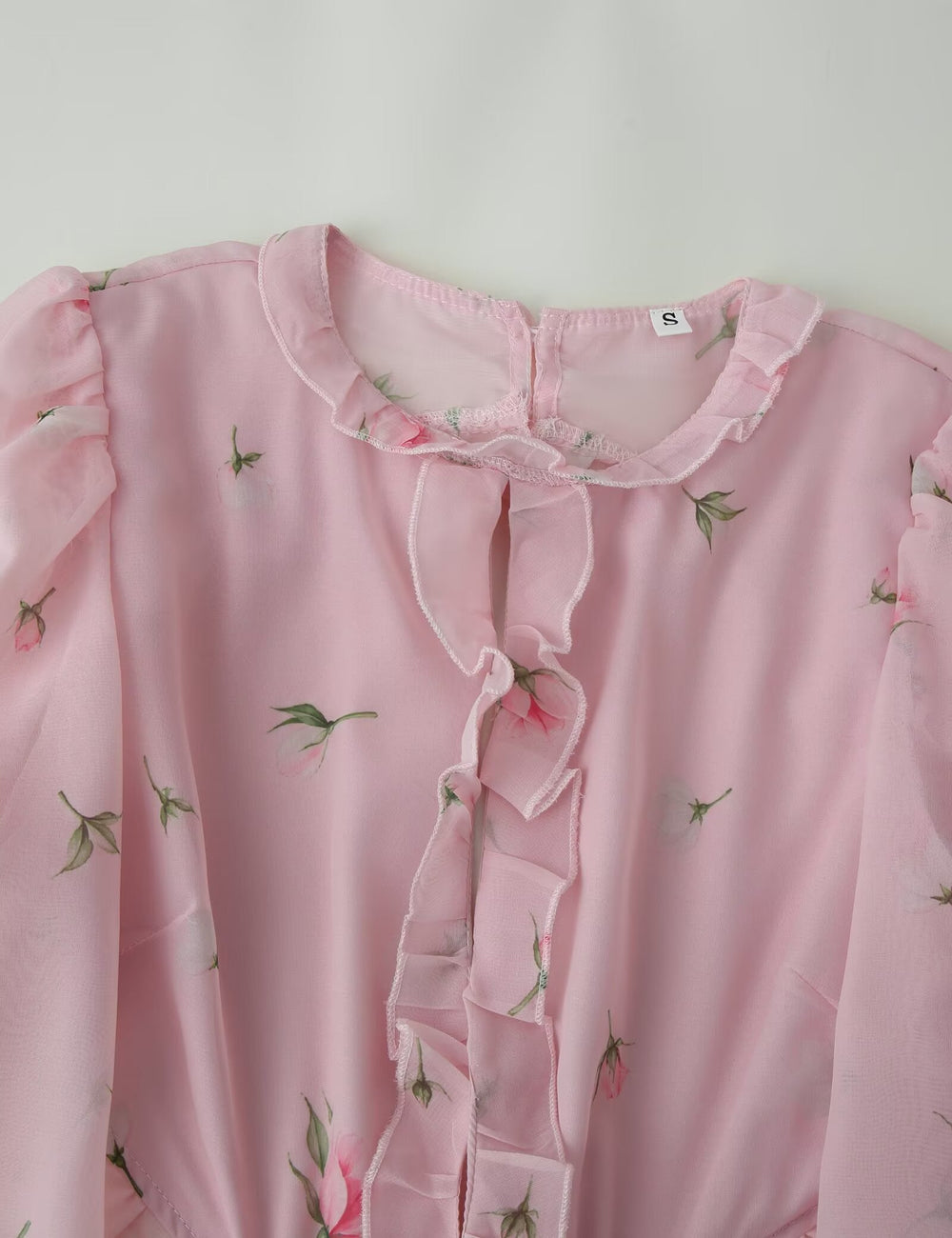 Women Clothing Fresh Sweet Floral Tight Waist Back Hollow Out Cutout-out Long Sleeve Chiffon Dress