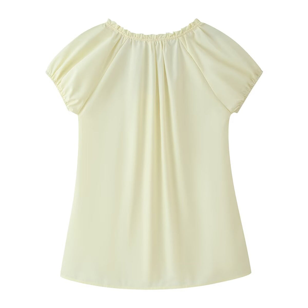 Women Clothing French Retro Easy Matching Solid Color Tucker Pleats Puff Short Sleeve Top