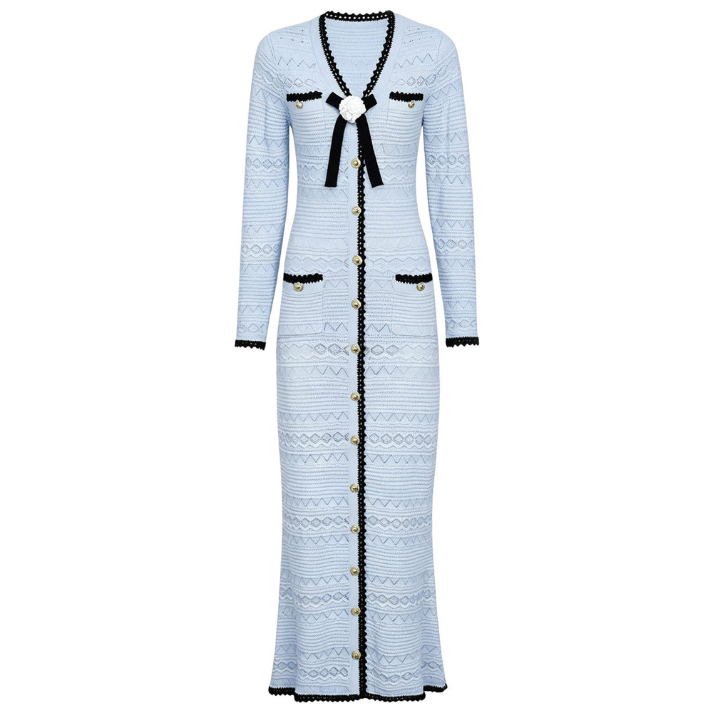 Spring Autumn Fashionable Knitted V neck Floral Slim Fit Slimming Long Sleeves Dress Women