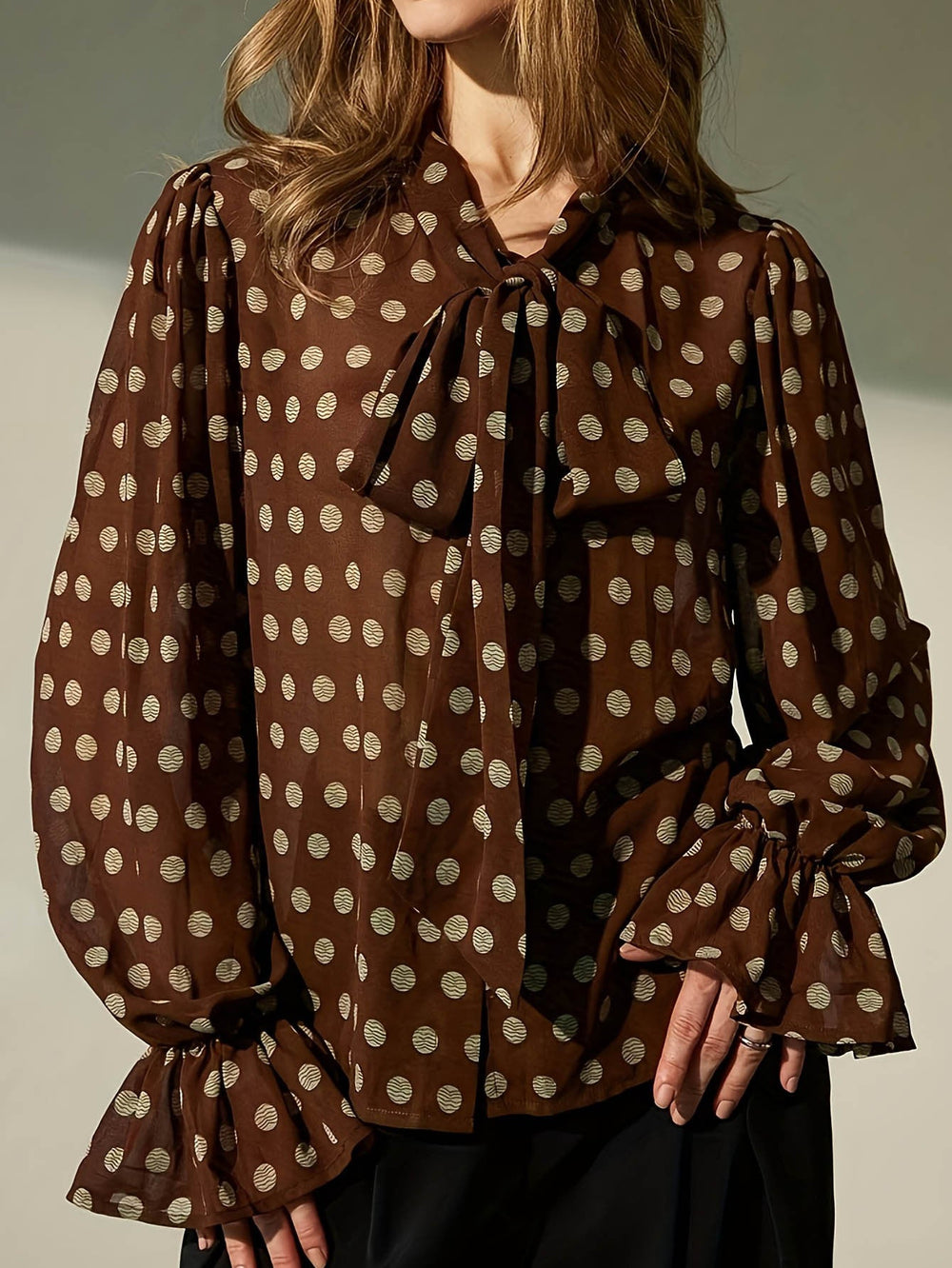 Women Clothing French Minority Vintage Ribbon Lantern Sleeve Casual Polka Dot Women Top