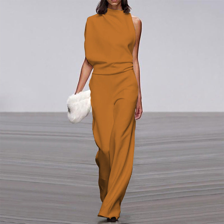 Women Pants Solid Color One Shoulder Pile Collar Jumpsuit Popular Dress Trousers