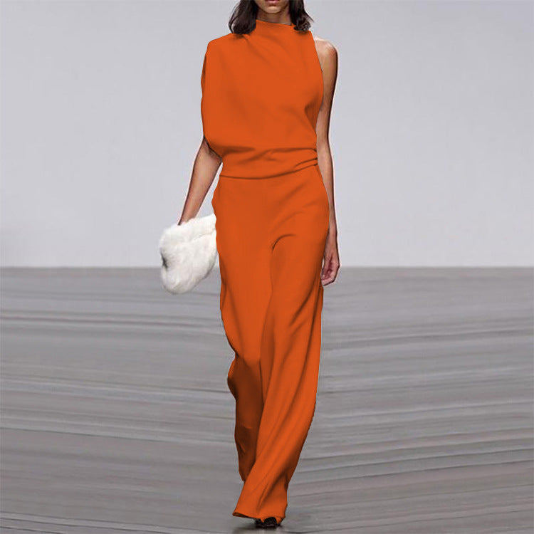 Women Pants Solid Color One Shoulder Pile Collar Jumpsuit Popular Dress Trousers