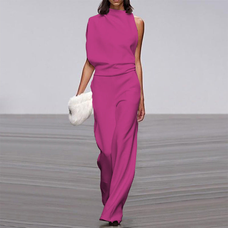 Women Pants Solid Color One Shoulder Pile Collar Jumpsuit Popular Dress Trousers