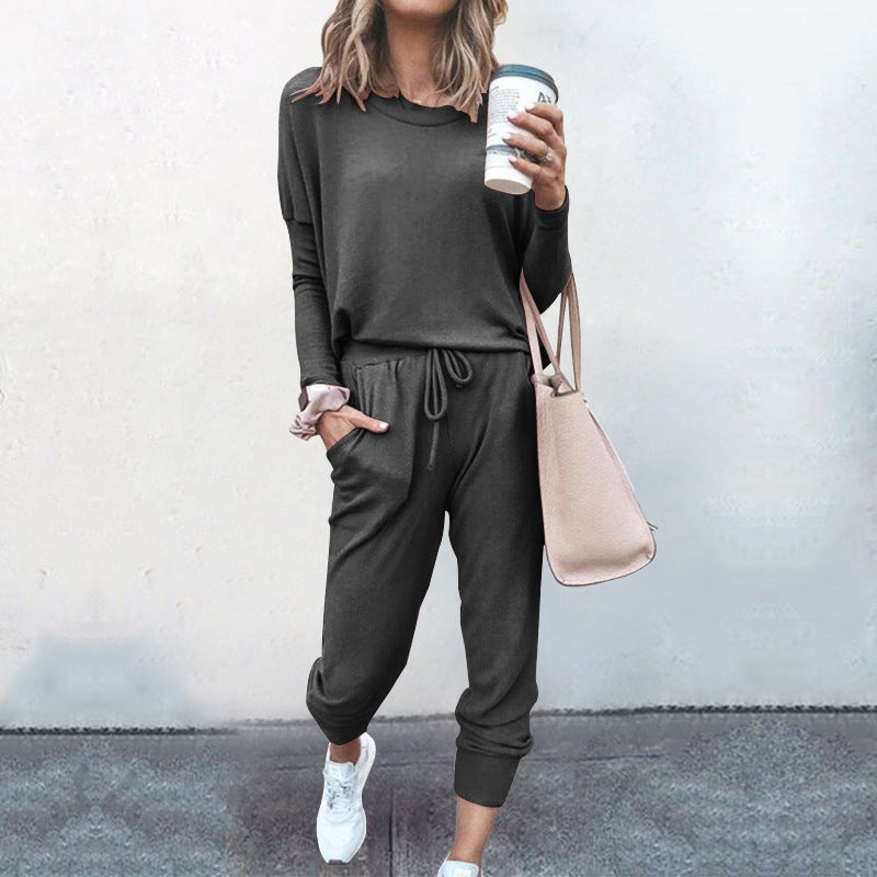 Autumn Winter Women Clothing Home Loose Fitting Solid Color Long Sleeves Casual sets Women