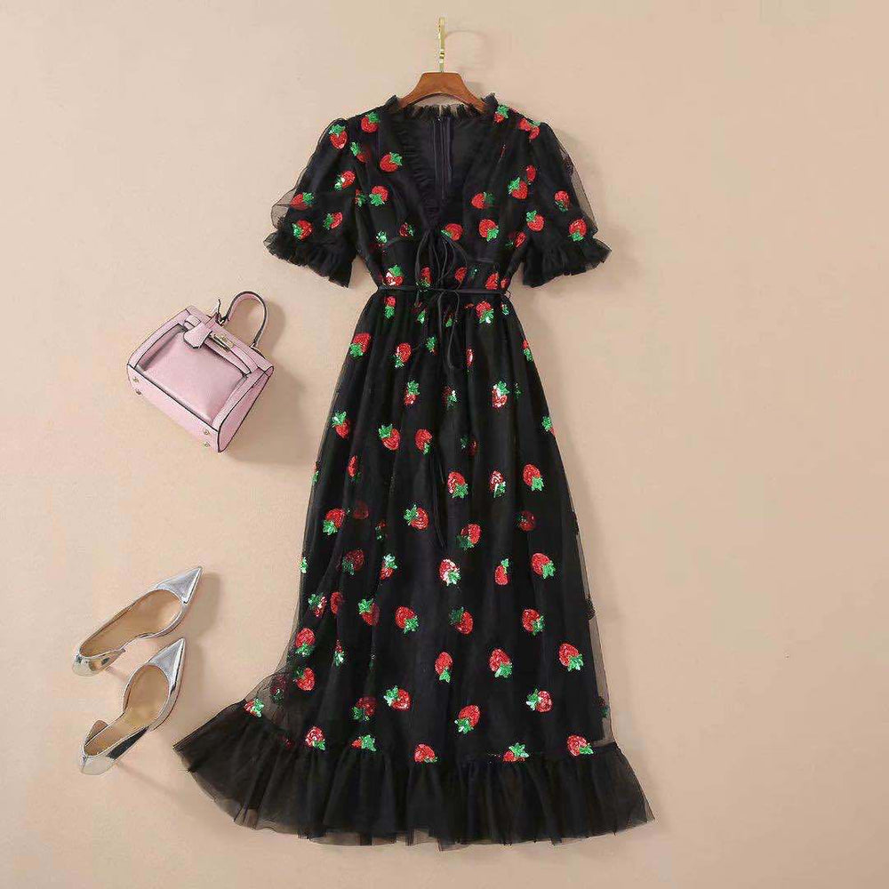 Dress French Strawberry Two Color V neck Fashionable Sequined Dress Mesh Lace up Pleated Dress