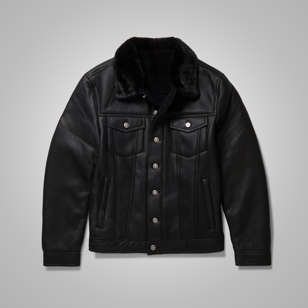 New Mens Black B3 Shearling Real Sheepskin Leather Trucker Flying Jacket