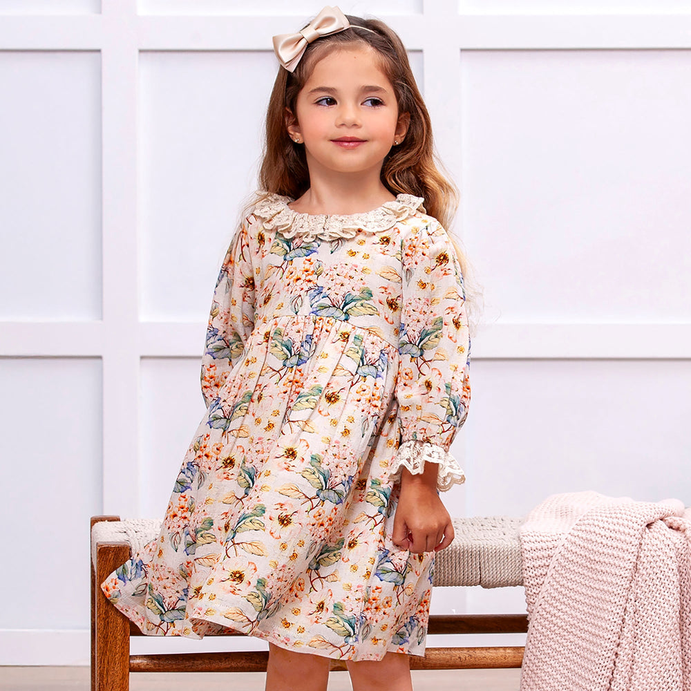 Vintage Floral Dress with Lace Collar Ruffles, Linen Blend Tesa Babe