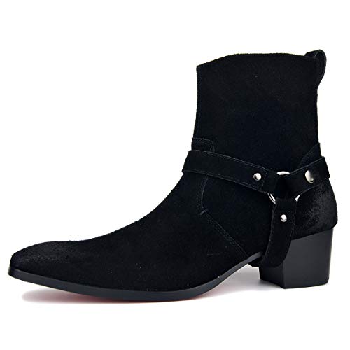 OSSTONE Men Chelsea Ankle Boots Leather Heeled Boots With Side Zipper Cuban Heel Dress Boots Disco Shoes OZ-JY002-suede
