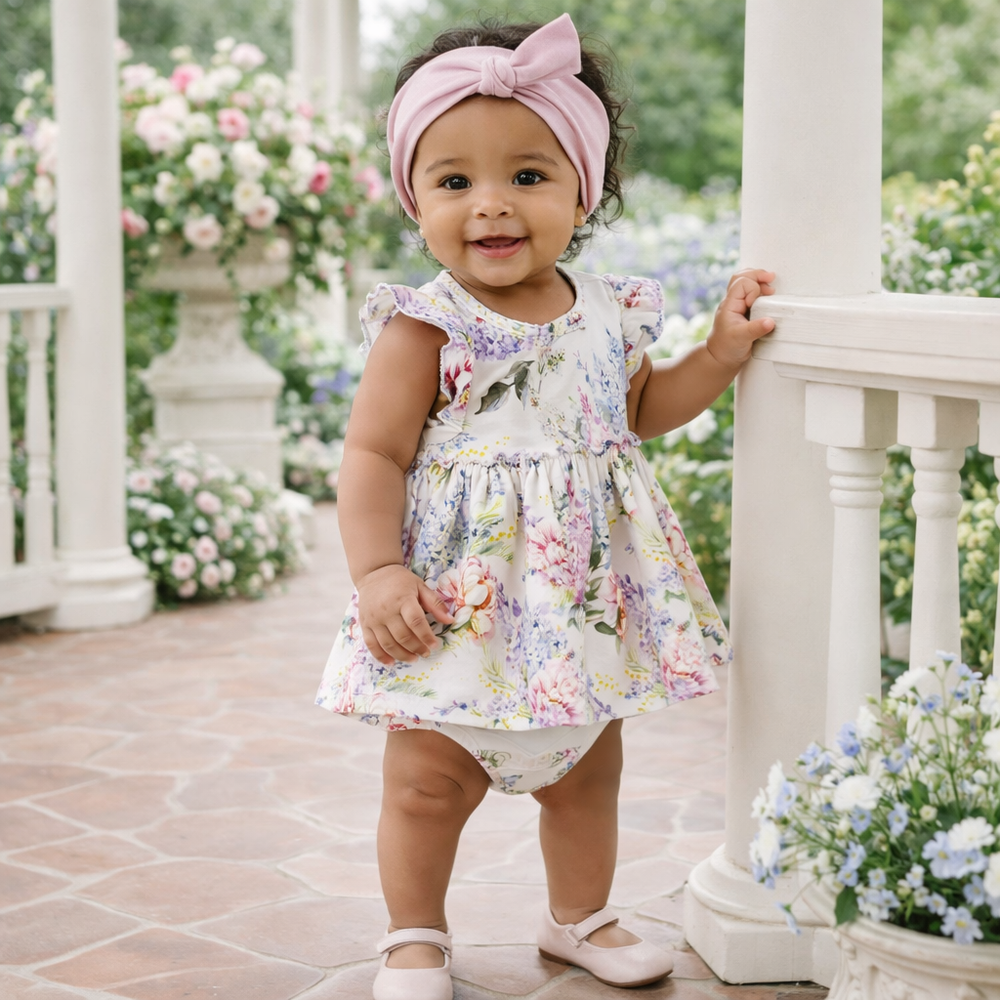 Dream Blossom Bamboo Baby Skirted Bodysuit-Watercolor Floral Tesa Babe