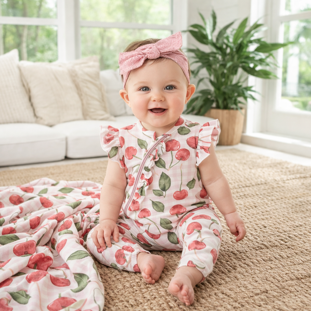 Cherry Picnic Baby Girl Romper – Soft Bamboo Zipper