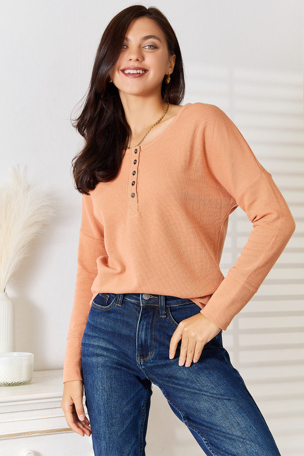 Half Button Long Sleeve Pullover Top