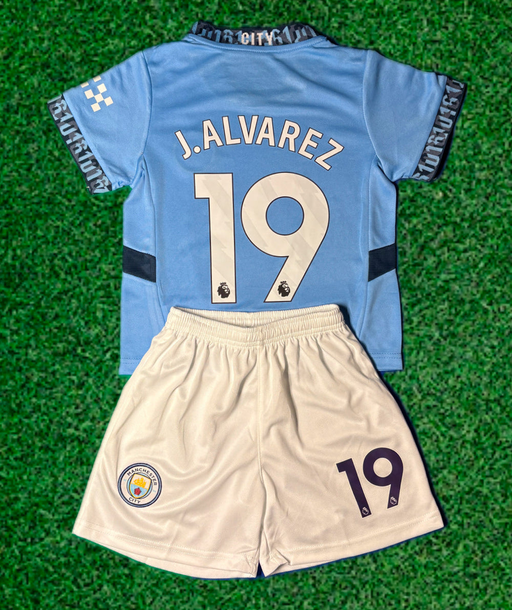J Alvarez 19 Kids Soccer Jersey Man City Home Kids Youth & Toddler Jersey Kit CustomKiddos.com