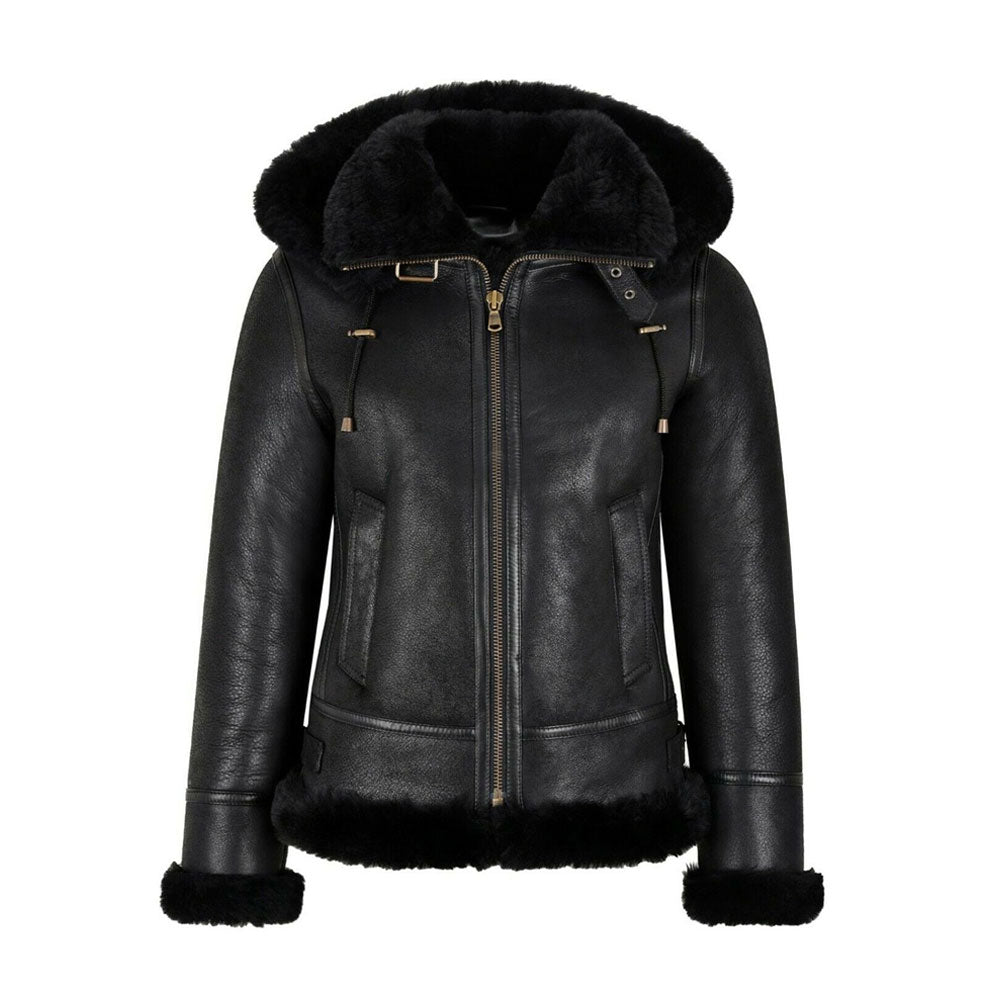 Women’s B3 Bomber Hooded Classic Black Shearling Jacket