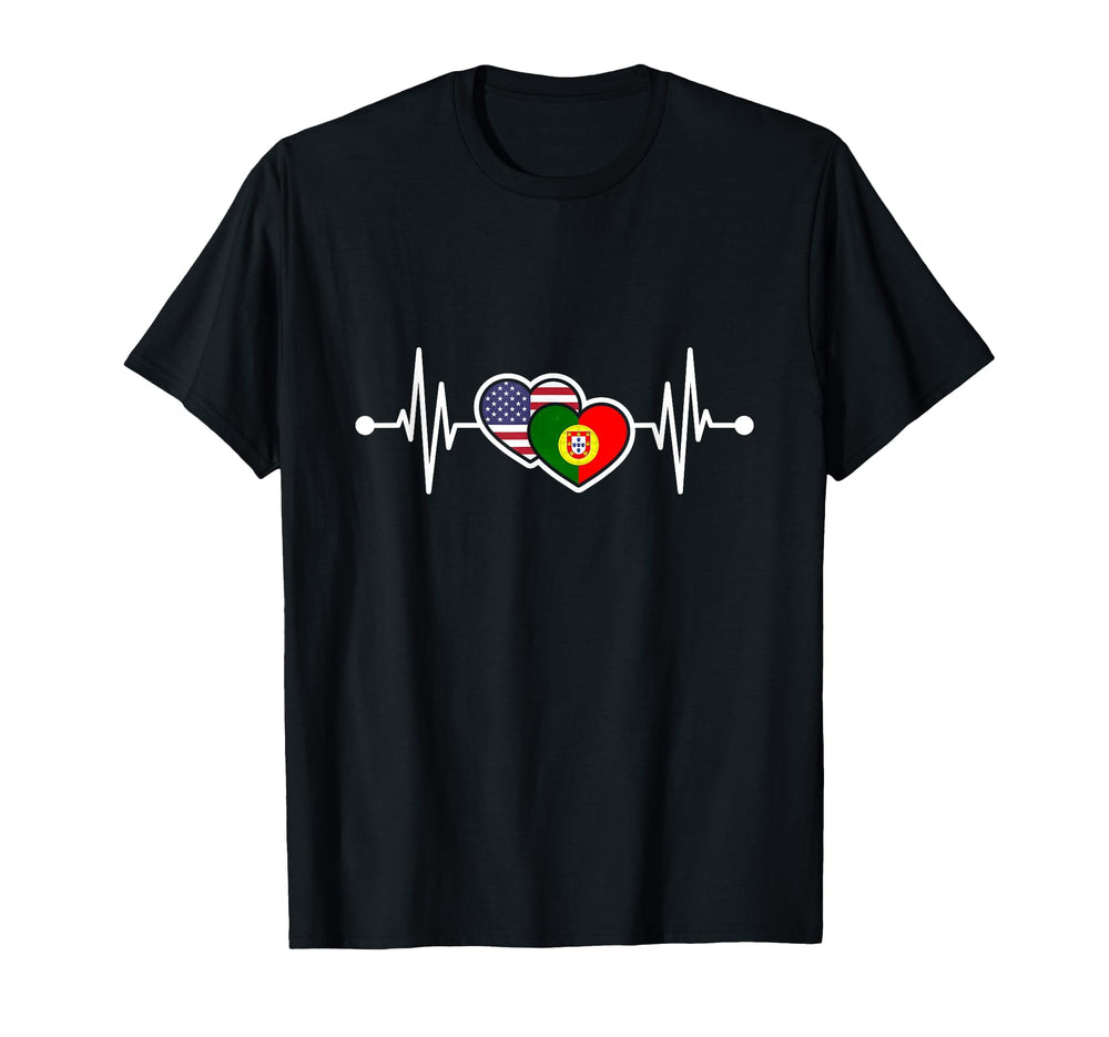 Usa Heart Portugal Heartbeat Flag T-Shirt - Fun Novelty Design Men Women