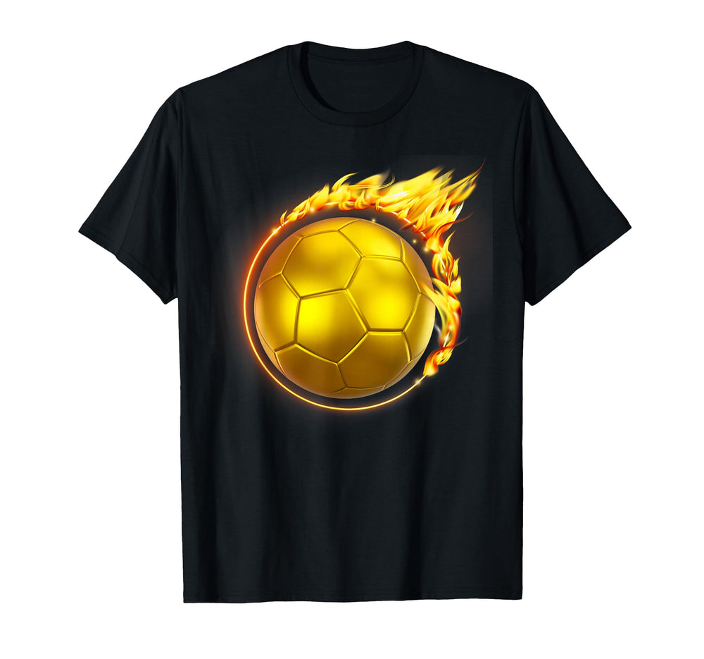 Gold Soccer Ball Flames Flaming T-Shirt - Casual Everyday Wear for Adults